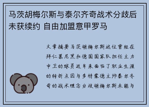 马茨胡梅尔斯与泰尔齐奇战术分歧后未获续约 自由加盟意甲罗马